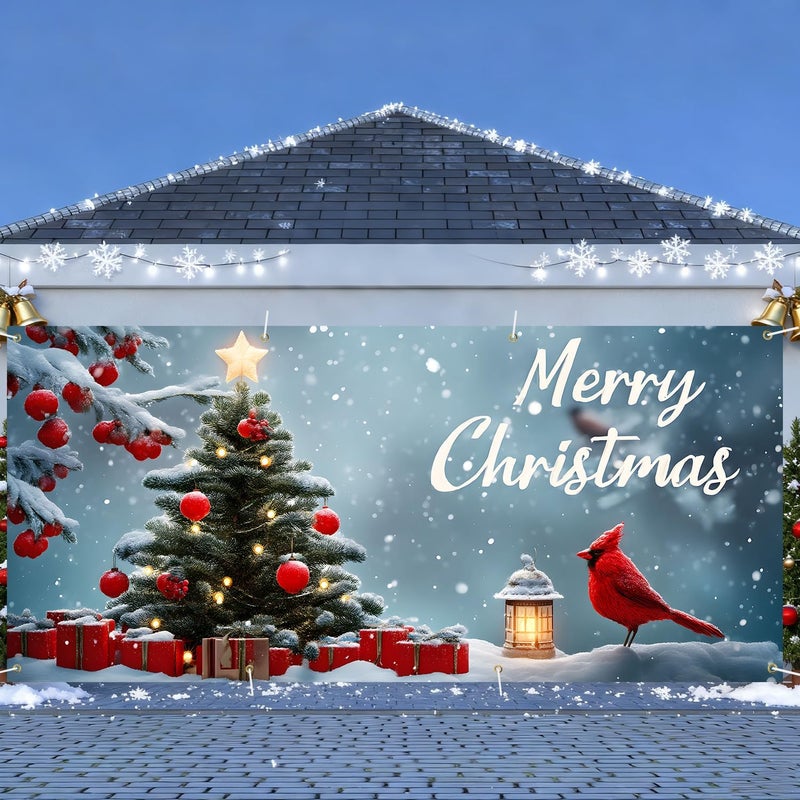 ANNA QUEEN Christmas Garage Door Banner 6x13FT, Cardinal Bird & Ornament Christmas Tree Scene, Large Outdoor Garage Door Cover for Holiday Yard Decorations, Winter Snow Xmas Party Backdrop - Image 2